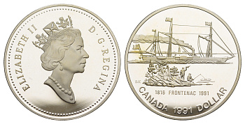 Канада 1 доллар 1991 175 лет пароходу "Фронтенак" KM 179 серебро PROOF 11-093-23