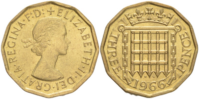 Великобритания 3 пенса 1966 Елизавета II (1952-2022) KM 900, Spink 4153 никель латунь 4556-632