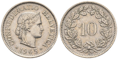 Швейцария 10 раппенов 1965 B KM 27 медно-никель 4609-1018