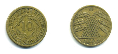 ГЕРМАНИЯ 10 РЕЙХСПФЕННИГОВ 1924 A KM 40, J. 317, Weege 9 алюминиевая бронза 46-1413