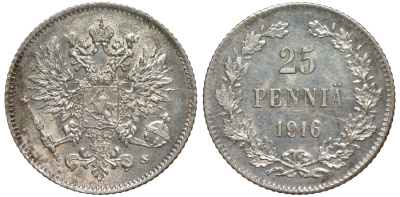 Россия для Финляндии 25 пенни 1916 S, Николай II (1894-1917) KM 6.2, Биткин 421 серебро 75-1321