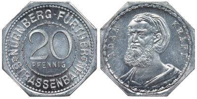 Германия, Нюрнберг - Фюрт 20 пфеннигов ND трамвайный жетон, Адам Крафт алюминий UNC 4119-647