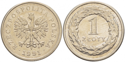 ПОЛЬША 1 ЗЛОТЫЙ 1991 MW KM 282 медно-никель UNC 4523-523