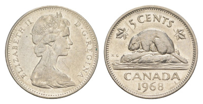 Канада 5 центов 1968 Елизавета II (1952-2022), бобр KM 60.1 никель 4630-715