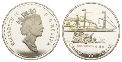 Канада 1 доллар 1991 175 лет пароходу "Фронтенак" KM 179 серебро PROOF 11-093-23