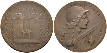 Франция медаль 1917 В ПАМЯТЬ БИТВЫ ПРИ ВЕРДЕНЕ (21 февраля 1916 года (ВЕРДЕНСКАЯ МЯСОРУБКА), диаметр 37 мм. бронза 06-204-41