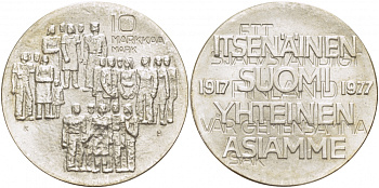 Финляндия 10 марок 1977 K-H, 60 лет независимости (1917-1977) KM 55 серебро UNC 1515-1434