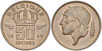 БЕЛЬГИЯ 50 САНТИМОВ 1966 BELGIQUE, БОДУЭН I (1951-1993) KM 148.1 бронза 214-454
