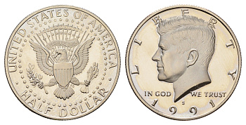 США 1/2 доллара (50 центов) 1991 S, Джон Кеннеди KM A202b медь плакированная медно-никелем PROOF 1522-1211