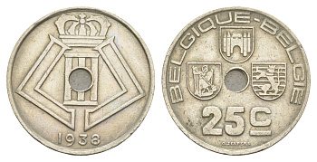 Бельгия 25 сантимов 1938 Belgique - Belgie, Леопольд III (1934-1951) KM 114 никель латунь 4538-822