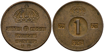 Швеция 1 эре 1970 Густав VI Адольф (1950-1973) KM 820 бронза 4154-738