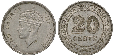 Британская Малайя 20 центов 1948 Георг VI (1937-1952) KM 9 медно-никель 4163-513