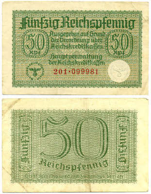 ГЕРМАНИЯ 50 РЕЙХСПФЕННИГОВ 1940-1945 ДЛЯ ОККУПИРОВАННЫХ ТЕРРИТОРИЙ Pick R135 бумага 3295-88-1-1