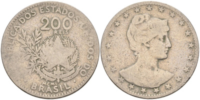 Бразилия 200 рейс 1901 голова свободы вправо KM 504 медно-никель 4589-1056