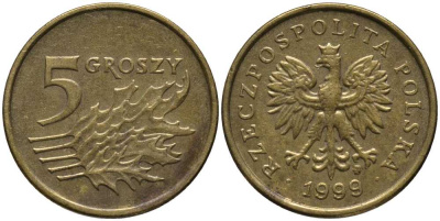 Польша 5 грошей 1999 MW KM 278, Parchimowicz 703f латунь 201-426