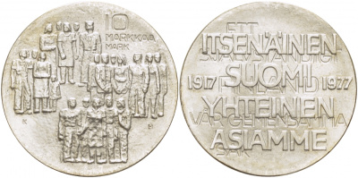Финляндия 10 марок 1977 K-H, 60 лет независимости (1917-1977) KM 55 серебро UNC 1515-1434
