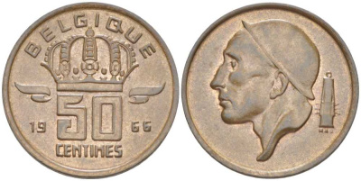 БЕЛЬГИЯ 50 САНТИМОВ 1966 BELGIQUE, БОДУЭН I (1951-1993) KM 148.1 бронза 214-454