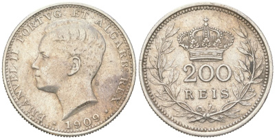 Португалия 200 реалов 1909 Мануэл II (1908-1910) KM 549 серебро 4616-152