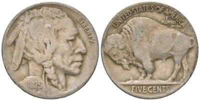 США 5 центов 1925 индеец, бизон KM 134 медно-никель 4614-1064