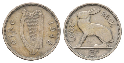 Ирландия 3 пенса 1948 заяц KM 12a медно-никель 4682-541