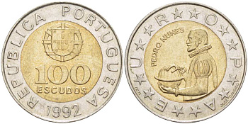 Португалия 100 эскудо 1992 Педру Нуниш (1502-1578), математик KM 645.1 биметалл 4513-1024