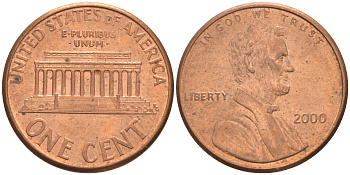 США 1 ЦЕНТ 2000 ЛИНКОЛЬН KM 201b цинк плакированный медью UNC 187-1169