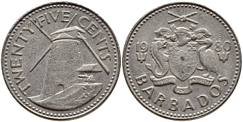 Барбадос 25 центов 1980 ветряная мельница Моргана Льюиса KM 13 медно-никель 4398-411