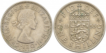 Великобритания 1 шиллинг 1955 Елизавета II (1952-2022), Английский герб KM 904, Spink 4147 медно-никель 77-115
