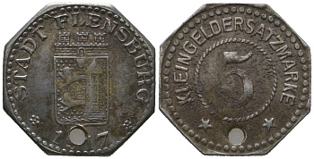 Фленсбург (Пруссия, Шлезвиг-Гольштейн) 5 пфенингов 1917 Funck 131.2, Men05 7331.5, Men18 9227.5 цинк 4610-1232