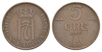 Норвегия 5 эре 1930 Хокон VII (1905-1957) KM 368 бронза 4635-525