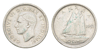 Канада 10 центов 1943 Георг VI (1936-1952), парусник KM 34 серебро 4639-545