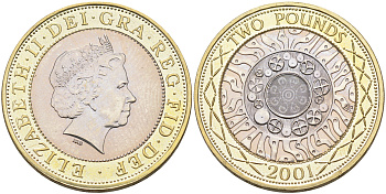 Великобритания 2 фунта 2001 Елизавета II (1952-2022) KM 999, Spink 4570 (K9) биметалл UNC 4565-143