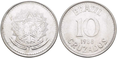 Бразилия 10 крузадо 1988 реформа 1986-1989 KM 607 нержавеющая сталь 202-225