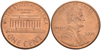 США 1 ЦЕНТ 2000 ЛИНКОЛЬН KM 201b цинк плакированный медью UNC 187-1169