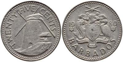 Барбадос 25 центов 1980 ветряная мельница Моргана Льюиса KM 13 медно-никель 4398-411