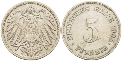 ГЕРМАНИЯ 5 ПФЕННИГОВ 1905 J KM 11, J. 12 медно-никель 105-114