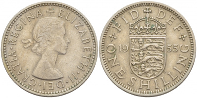 Великобритания 1 шиллинг 1955 Елизавета II (1952-2022), Английский герб KM 904, Spink 4147 медно-никель 77-115