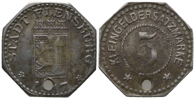 Фленсбург (Пруссия, Шлезвиг-Гольштейн) 5 пфенингов 1917 Funck 131.2, Men05 7331.5, Men18 9227.5 цинк 4610-1232