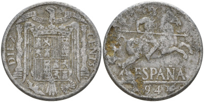 Испания 10 сентимо 1941 Франсиско Франко (1939 - 1975) KM 766 алюминий 4155-212