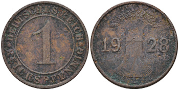 Германия 1 рейхспфенниг 1928 A KM 37, J. 313 медь 4594-1255