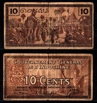 Французский Индокитай 10 центов ND (1939) Pick 85 e бумага 7376-14-2-1