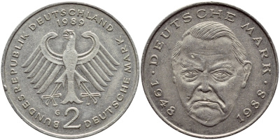 ФРГ 2 МАРКИ 1989 G, ЭРХАРД ЛЮДВИГ КМ 170 J.445 медно-никель плакированный никелем 80-641