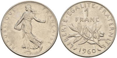 Франция 1 франк 1960 сеятель KM 925.1, LE FRANC 226.4 никель      4603-115
