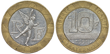 Франция 10 франков 1991 тип гений Бастилии KM 964.1, Le Frank 375.6 биметалл 45-833