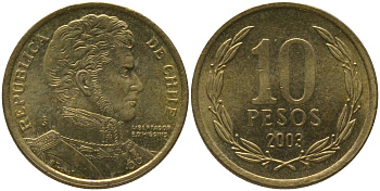 Чили 10 песо 2003 So KM 228.2, Schon 82 алюминиевая бронза aUNC 4544-725