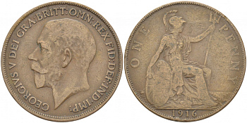 Великобритания 1 пенни 1916 Георг V (1910-1936) КМ 810, Spink 4051 бронза 215-313