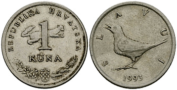 Хорватия 1 куна 1993 западный соловей, легенда на хорватском KM 9.1 медно-никель 4138-517