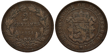 ЛЮКСЕМБУРГ 2 1/2 САНТИМА 1854 u, ГЕРЦОГ ВИЛЛЕМ III НИДЕРЛАНДСКИЙ (1849-1890), МОНДВОР УТРЕХТ КМ 21 бронза 4538-744