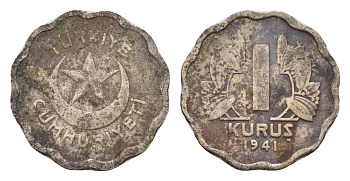 Турция 1 куруш 1941 KM 867 медно-никель 45-456