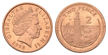Гибралтар 2 пенса 1998 KM 774 сталь плакированная медью UNC 4666-312